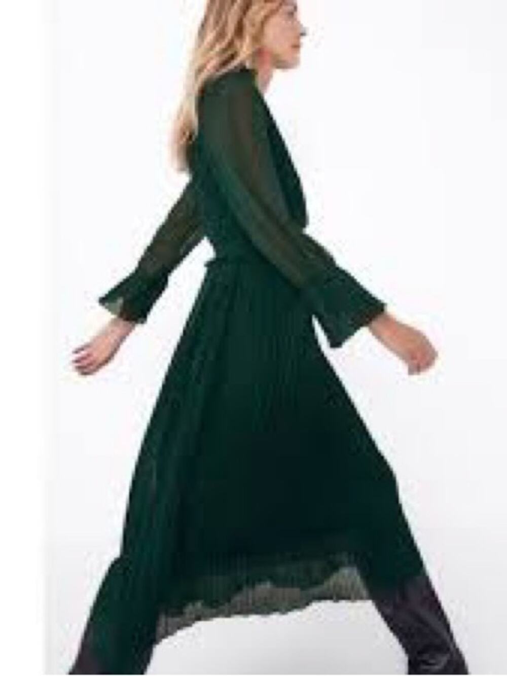 NWT Zara Large Hunter Green pleated midi dress